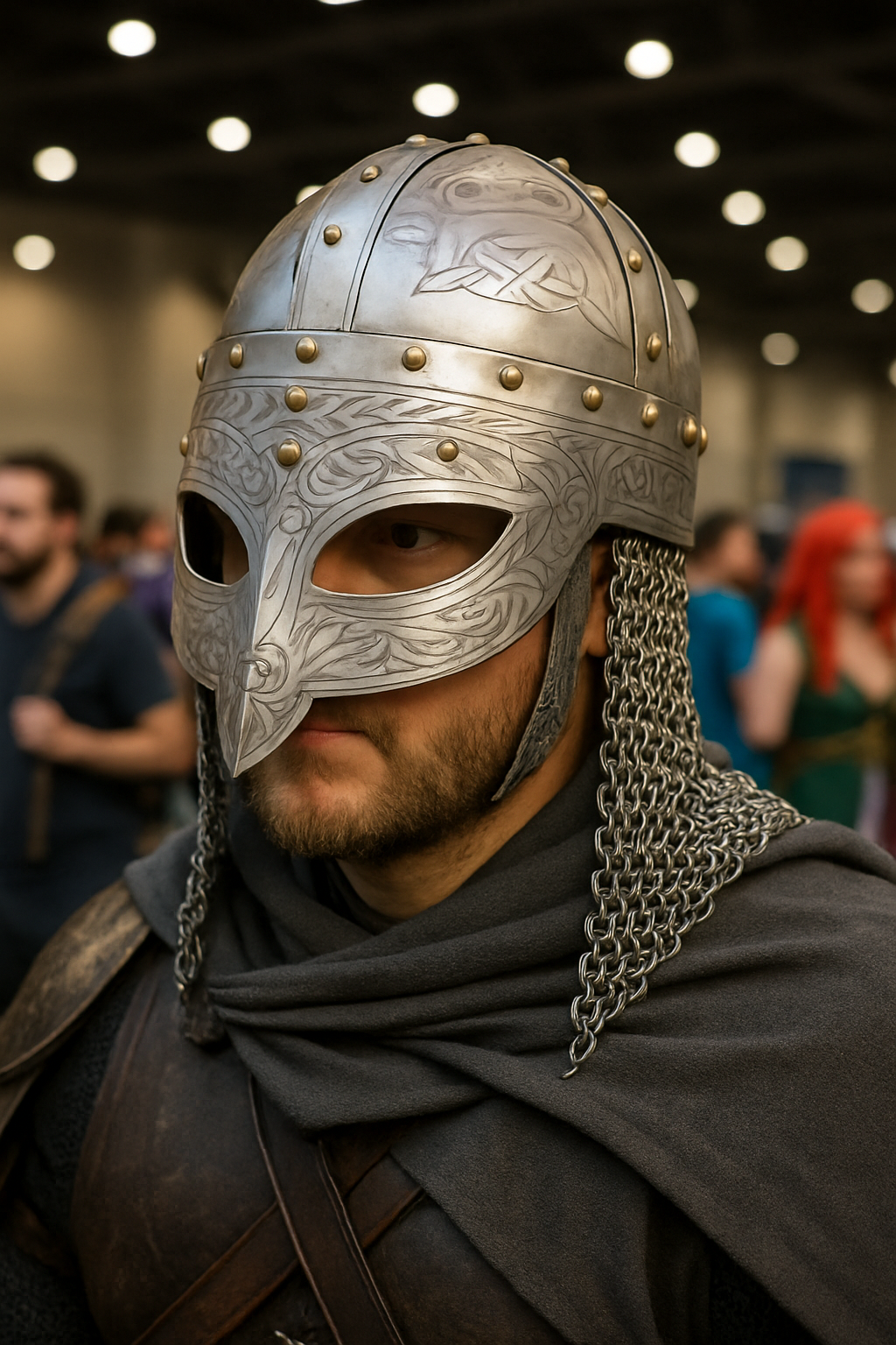 Etched Nordic Warrior Helmet with Chainmail & Stand