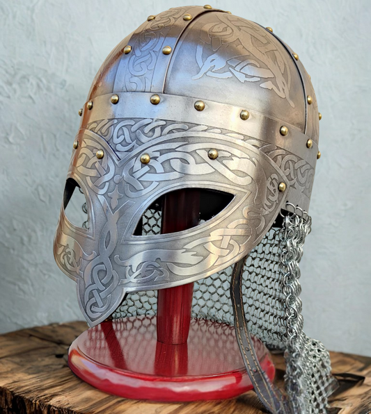 Etched Nordic Warrior Helmet with Chainmail & Stand