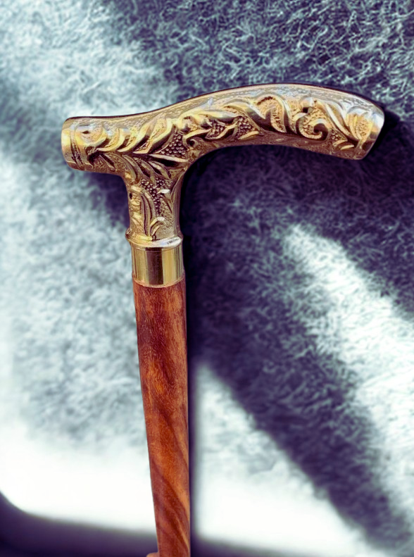 Handcrafted Vintage Brass Handle Wooden Walking Cane