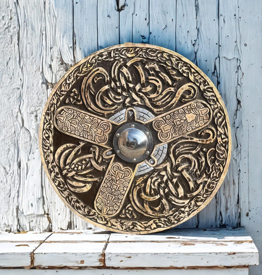Hand-Carved Wooden Viking Dragon Design Shield