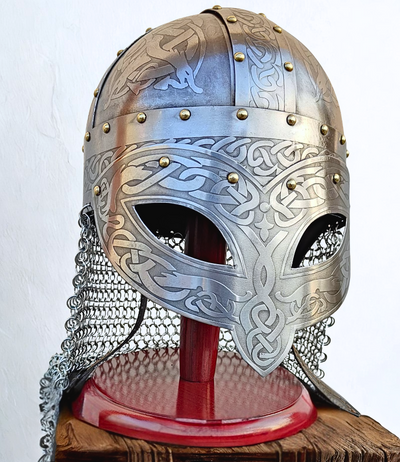 Etched Nordic Warrior Helmet with Chainmail & Stand